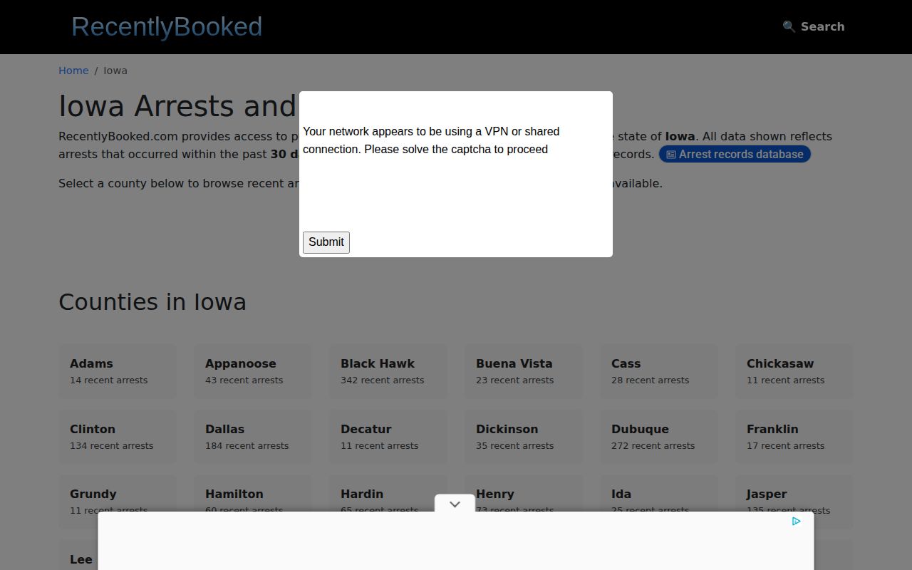 Unofficial RecentlyBooked Iowa directory with no Buchanan County category at review