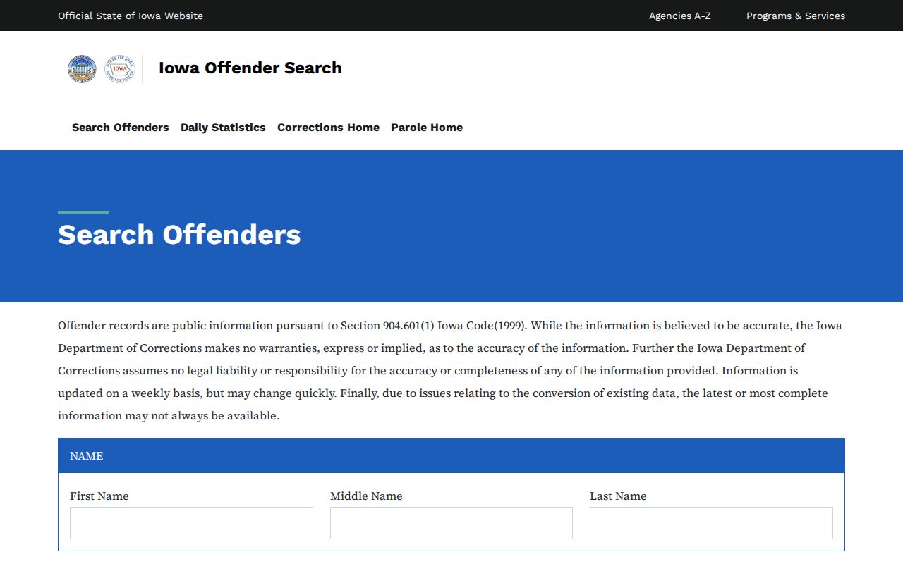 Buchanan County Iowa DOC offender photo search form